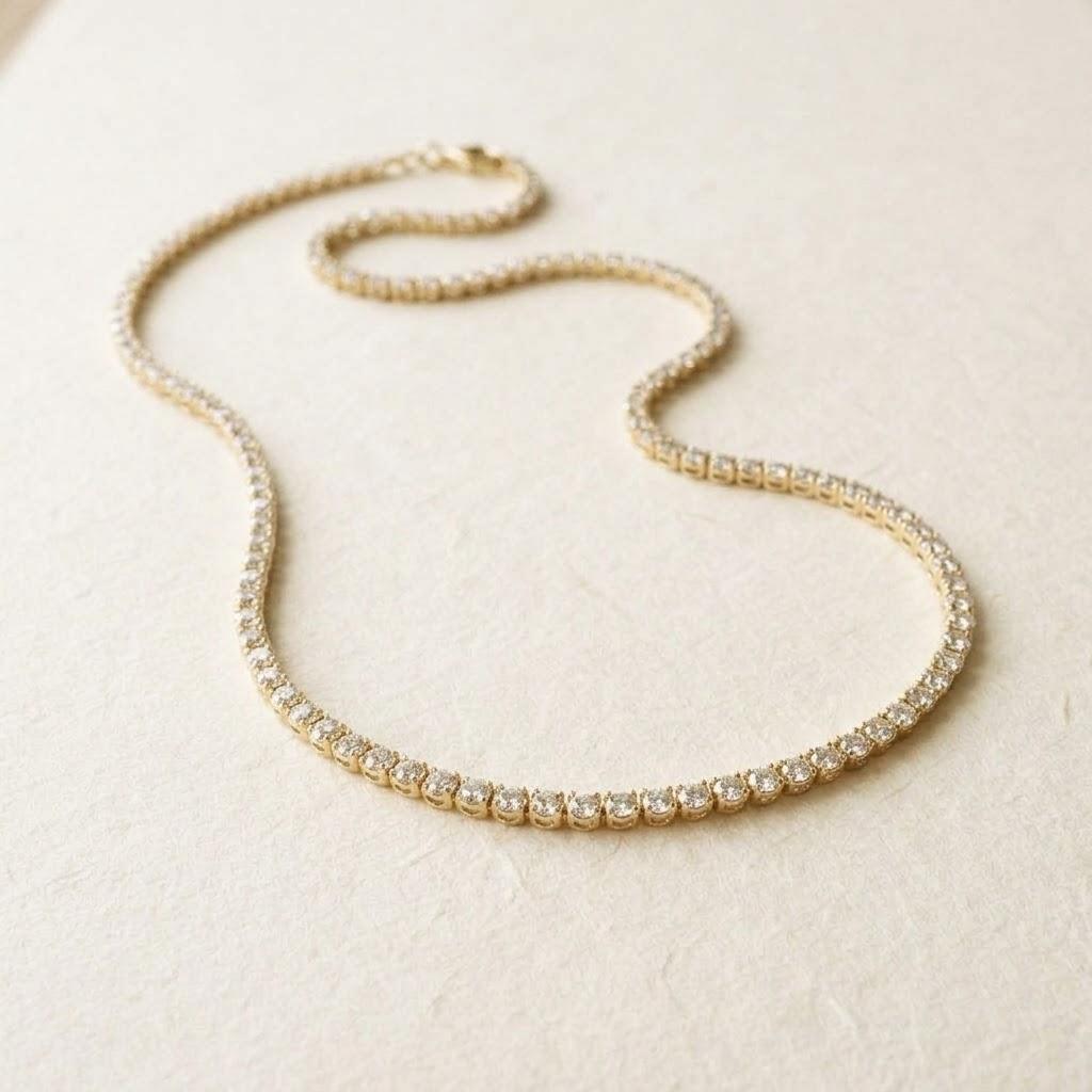 Hilo Petite Tennis Necklace, 18k yellow gold, three-quarter view